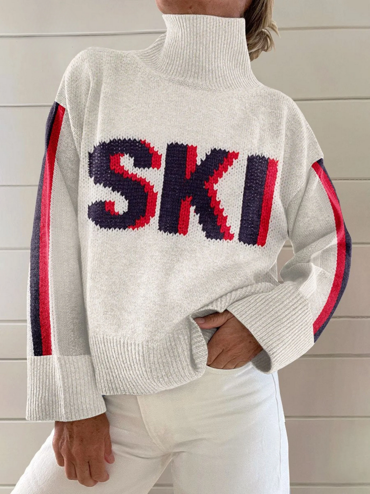 Sloane - Vintage Winter Ski Print Knit Turtleneck Pullover Sweater