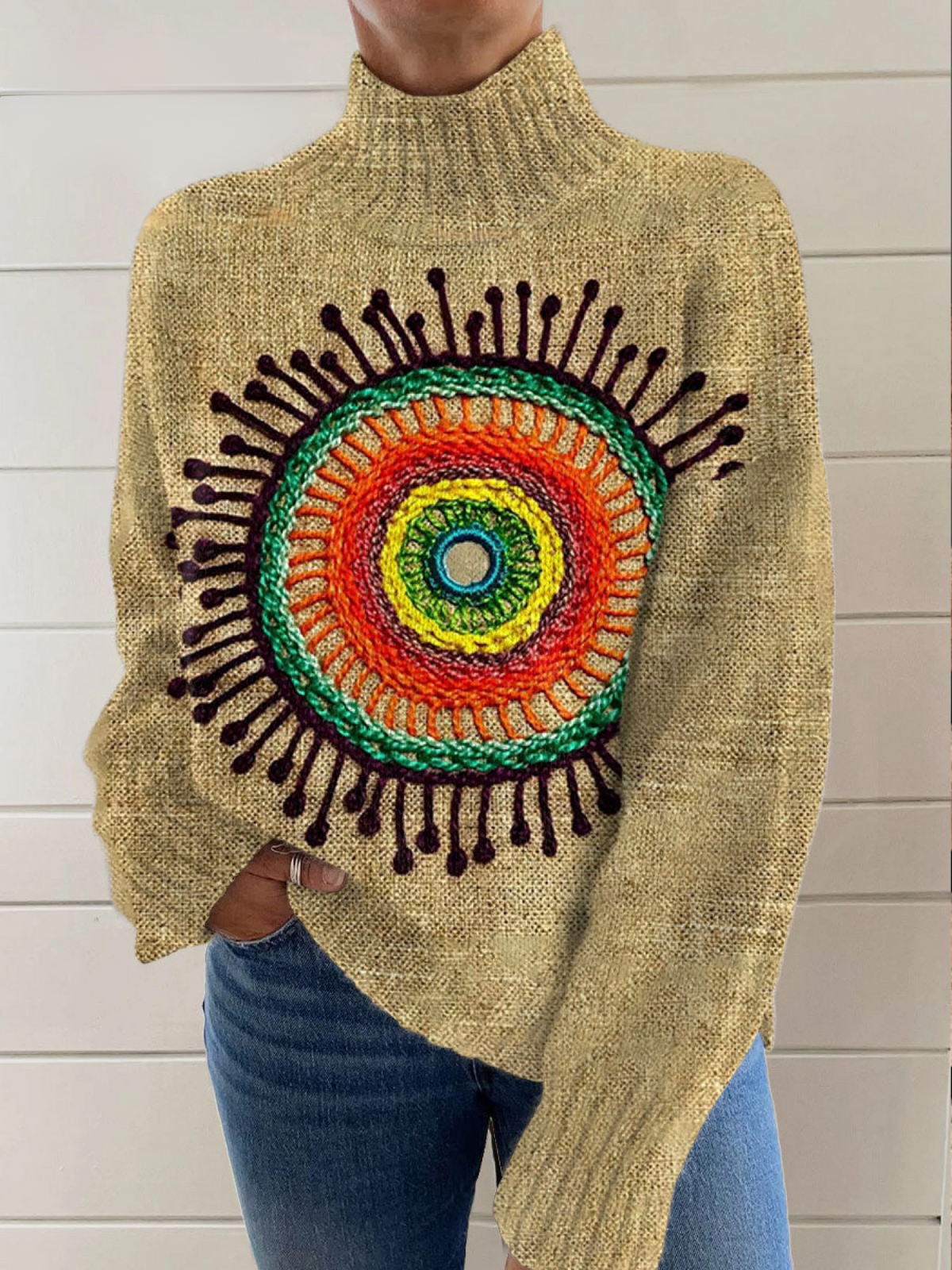 Darlina - Vintage Psychedelic Collage Sunflower Retro Hippie Art Pattern Art Print Knit Turtleneck Pullover Sweater