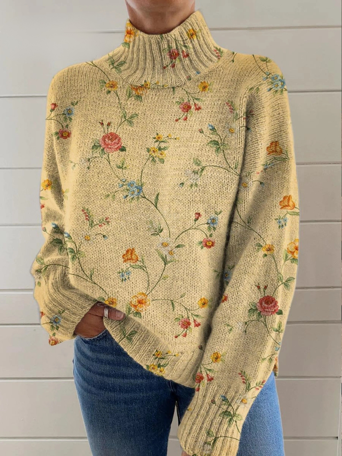 Elowen - Women's Lovely Floral Art Print Knit Turtleneck Pullover Sweater