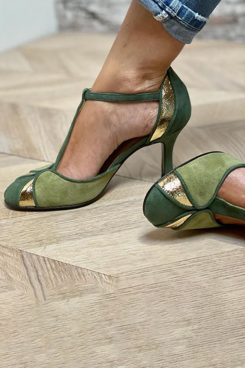 Taviana - Patchwork pumps with T-strap and closed toe